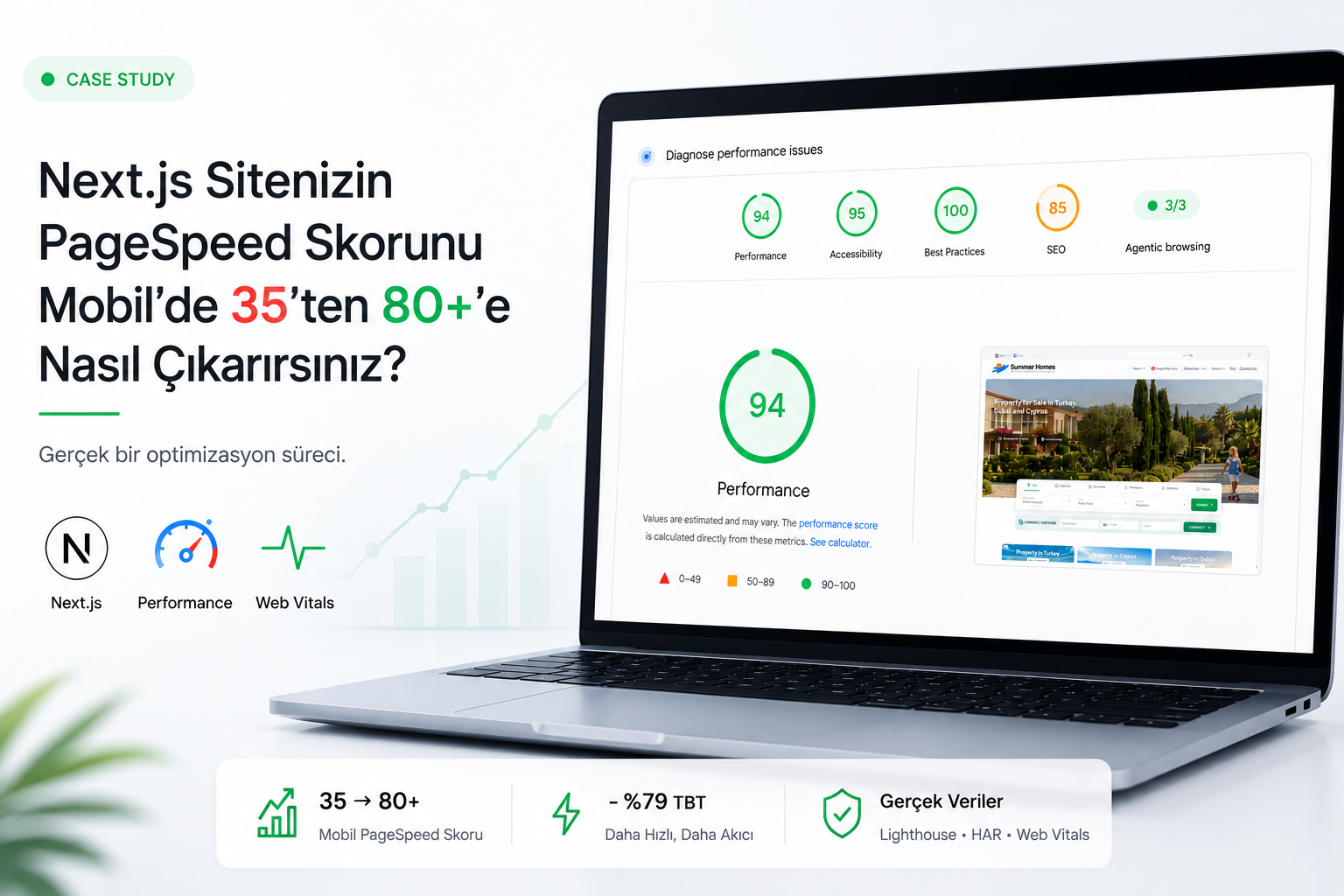 Next.js Sitenizin PageSpeed Skorunu Mobil'de 35'ten 80'e Nasıl Çıkarırsınız? (Gerçek Bir Vaka Analizi)